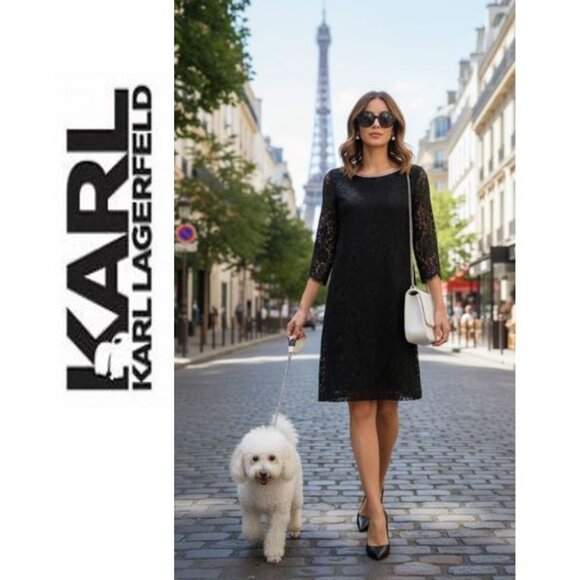 Classic LBD! KARL LAGERFELD PARIS, Black lace shift dress with crystal neckline - Picture 2 of 12